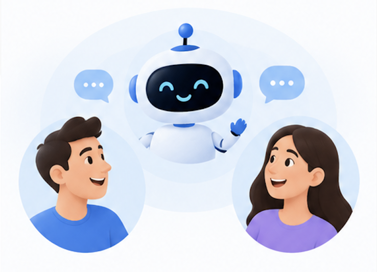 Two people talking with a friendly AI robot